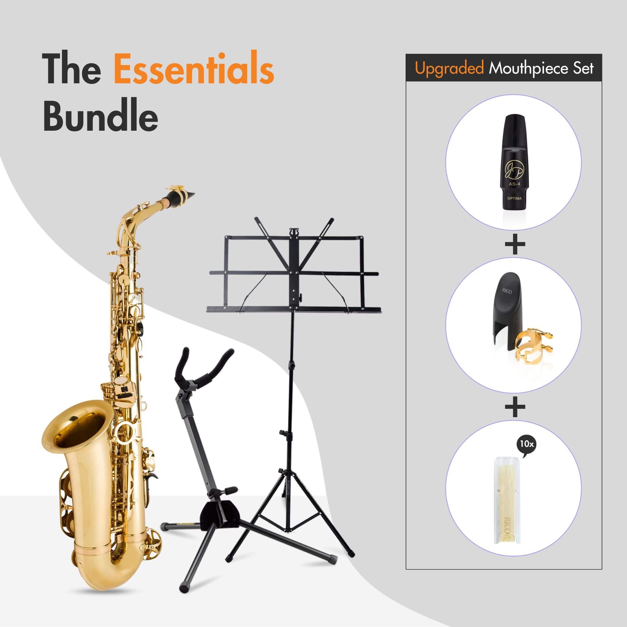 Trumpet, stand, music stand, mouthpiece, and cleaning kit in a premium bundle offer.