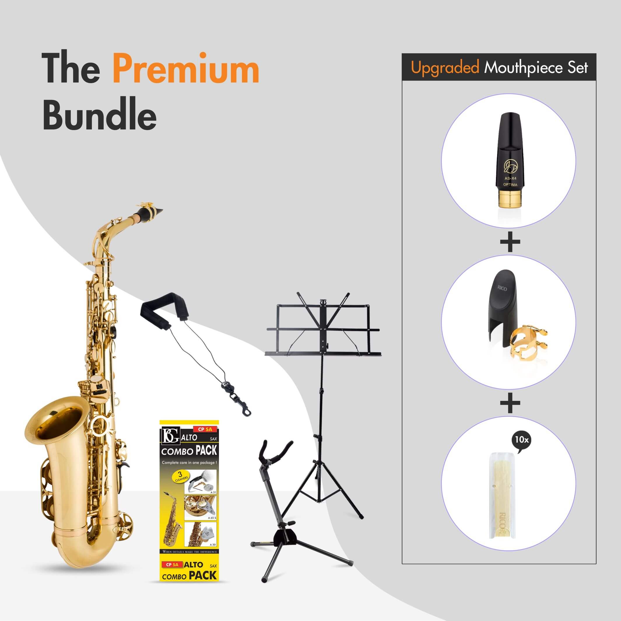 Trumpet, stand, music stand, mouthpiece, and cleaning kit in a premium bundle offer.