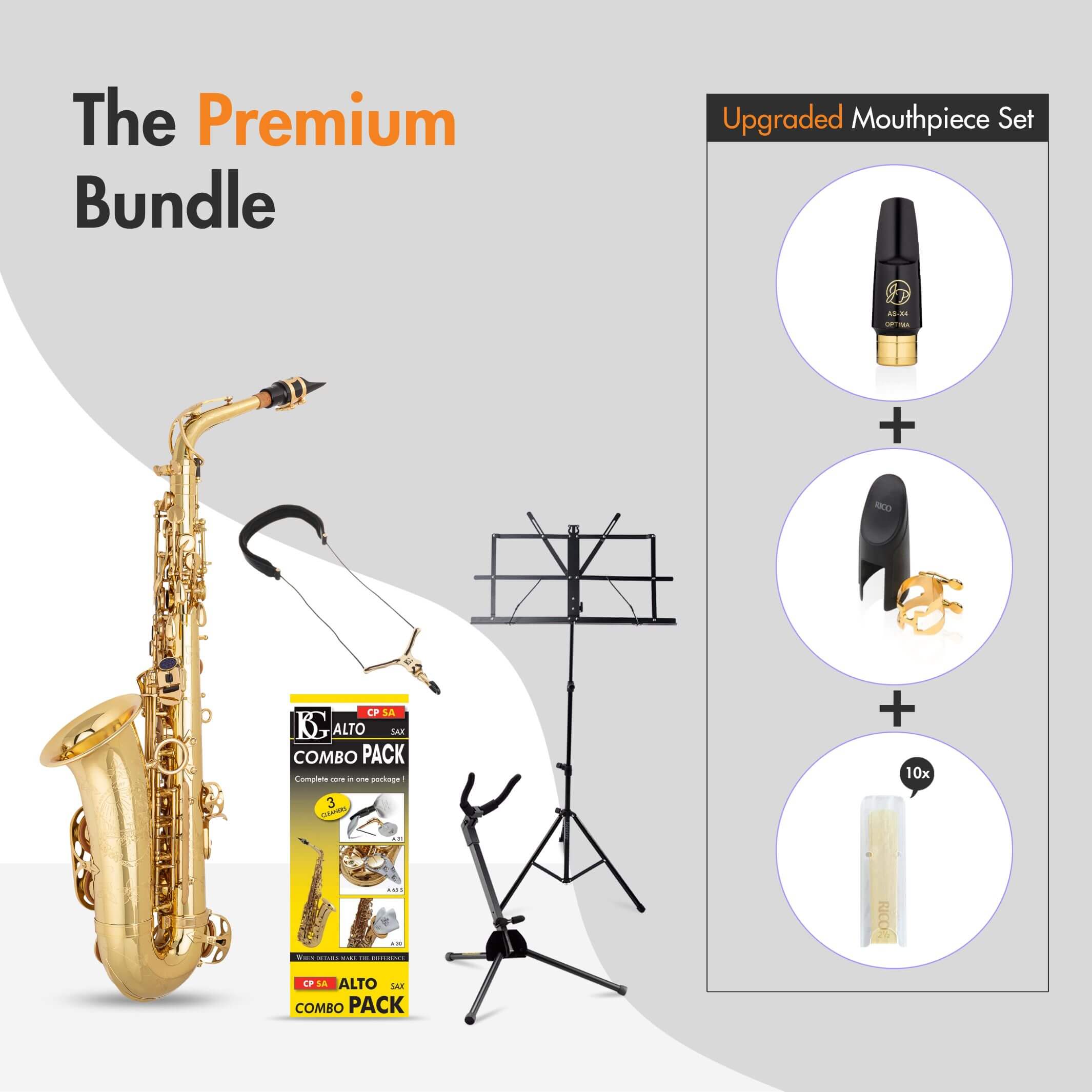 Trumpet, stand, music stand, mouthpiece, and cleaning kit in a premium bundle offer.