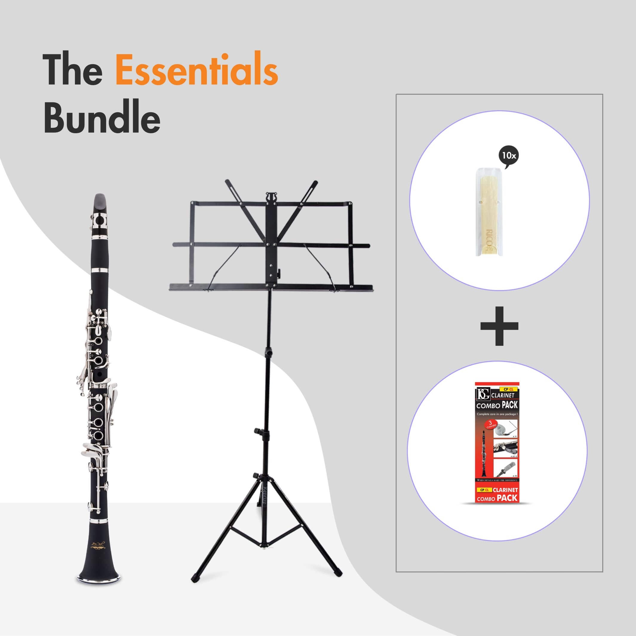 Trumpet, stand, music stand, mouthpiece, and cleaning kit in a premium bundle offer.