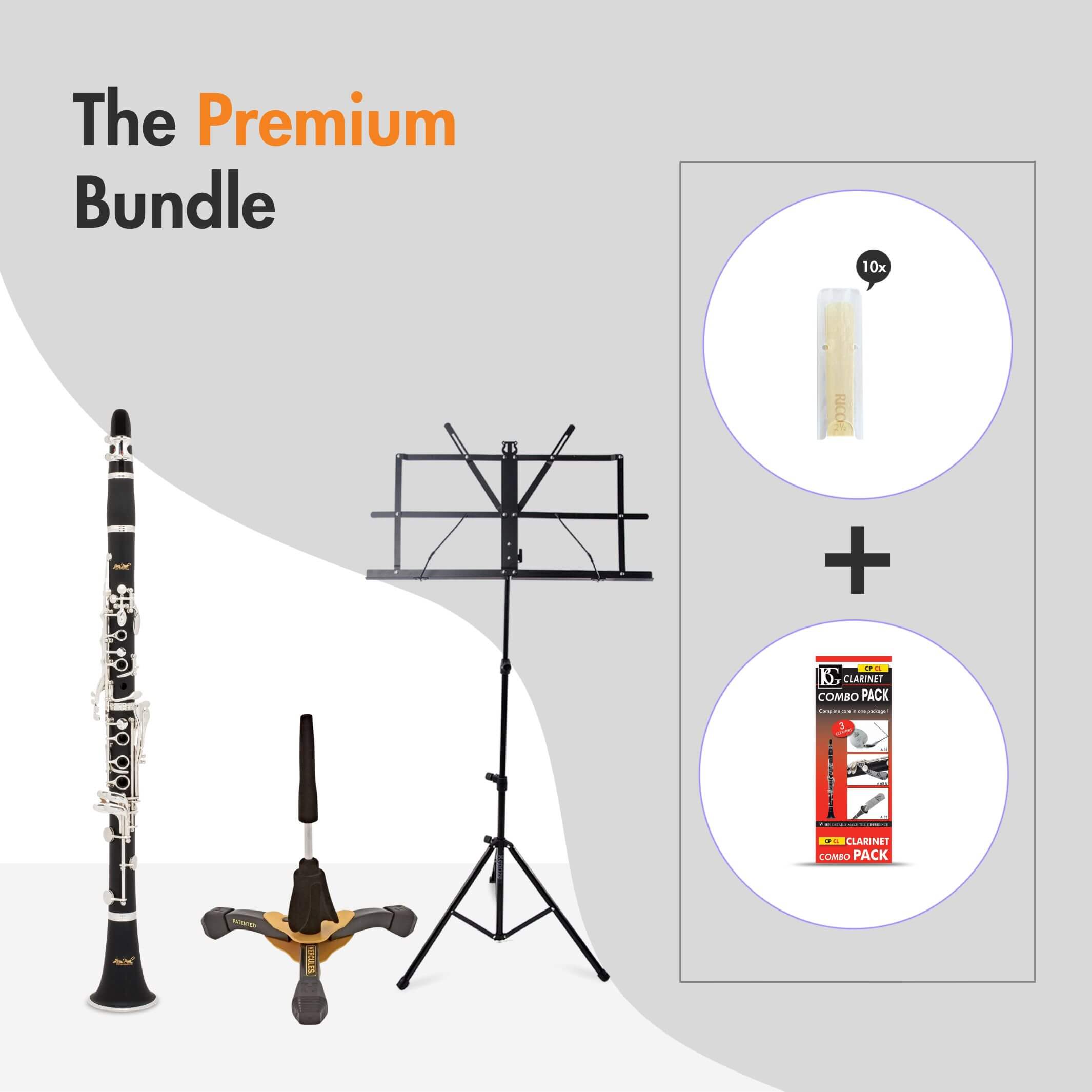 Musical essentials bundle with a trumpet, music stand, mouthpiece, and cleaning kit.