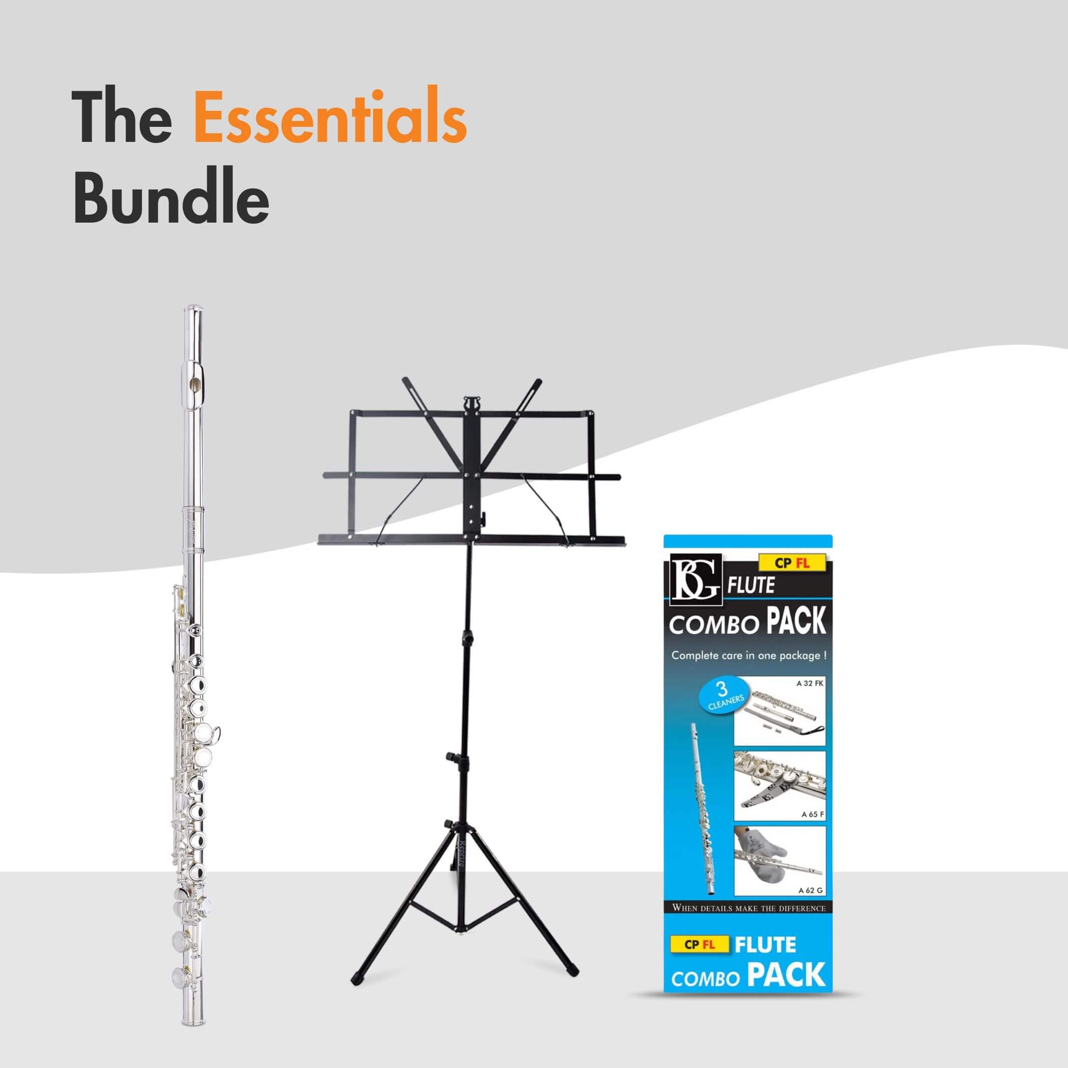 Trumpet, stand, music stand, mouthpiece, and cleaning kit in a premium bundle offer.