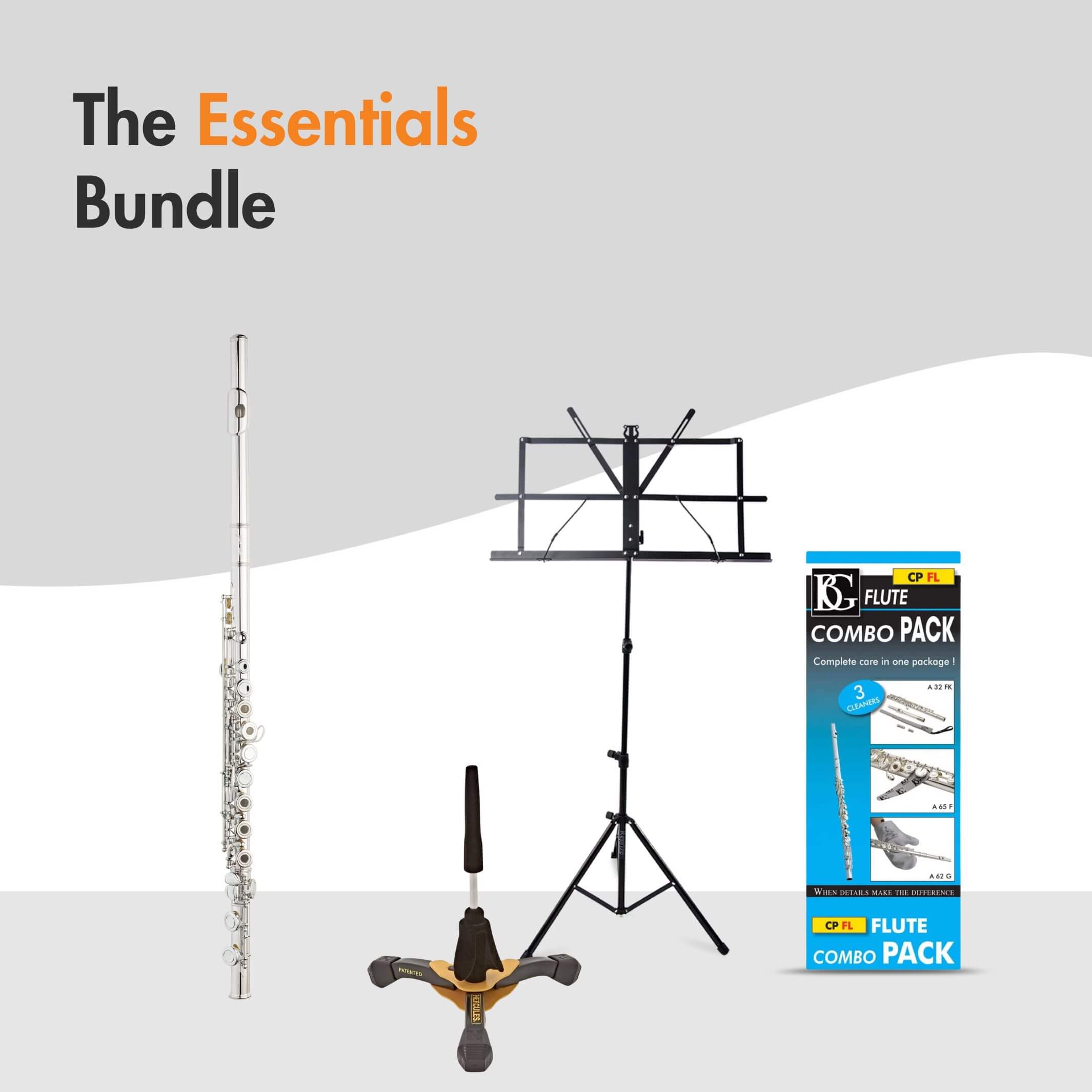 Musical essentials bundle with a trumpet, music stand, mouthpiece, and cleaning kit.