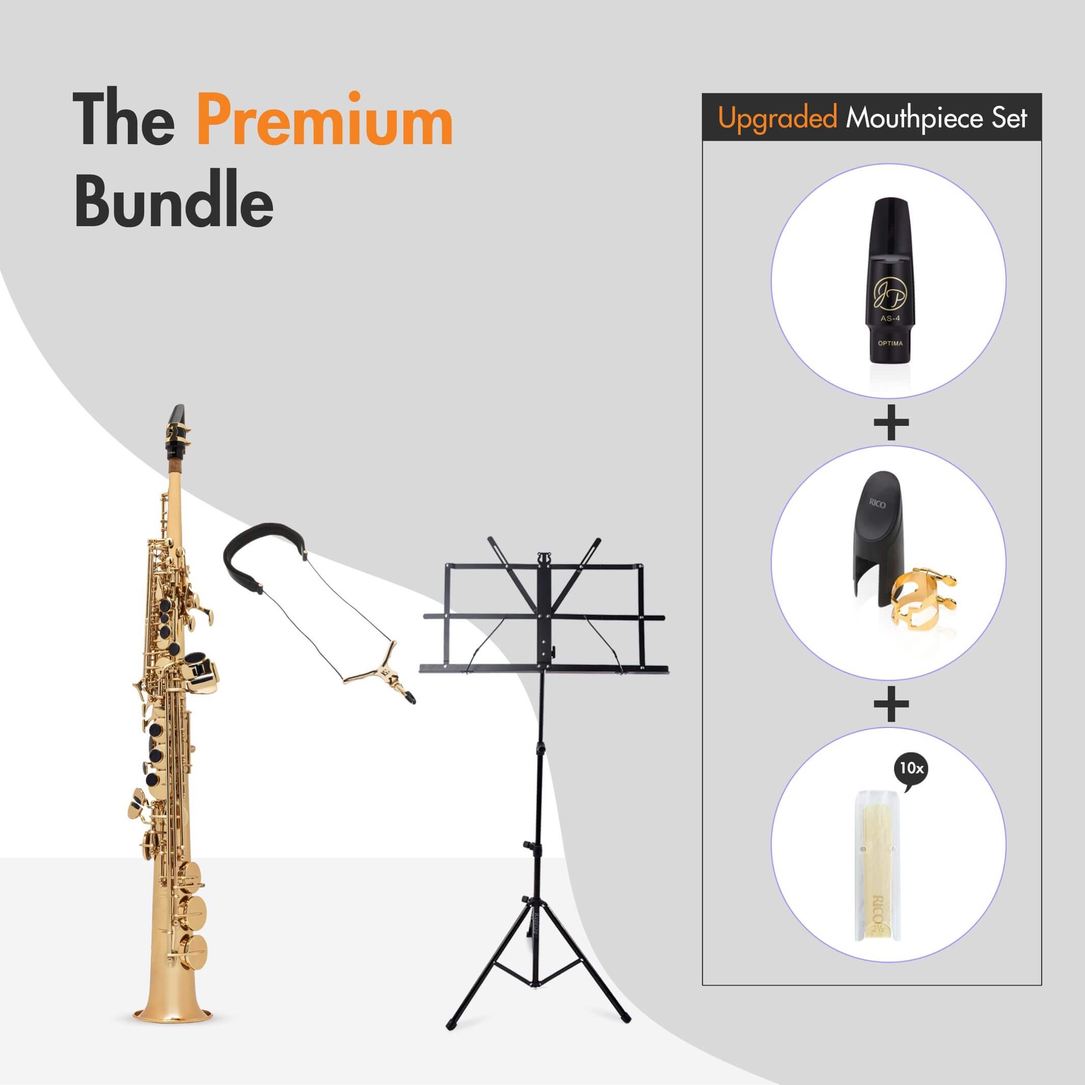 Trumpet, stand, music stand, mouthpiece, and cleaning kit in a premium bundle offer.