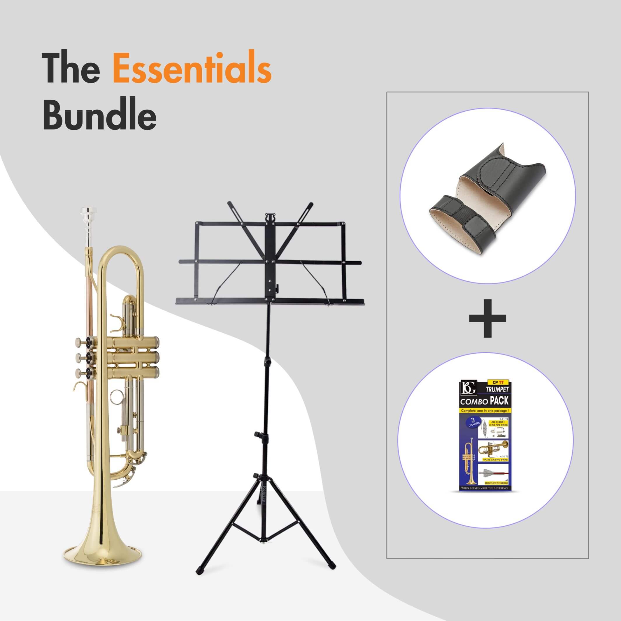 Musical essentials bundle with a trumpet, music stand, mouthpiece, and cleaning kit.