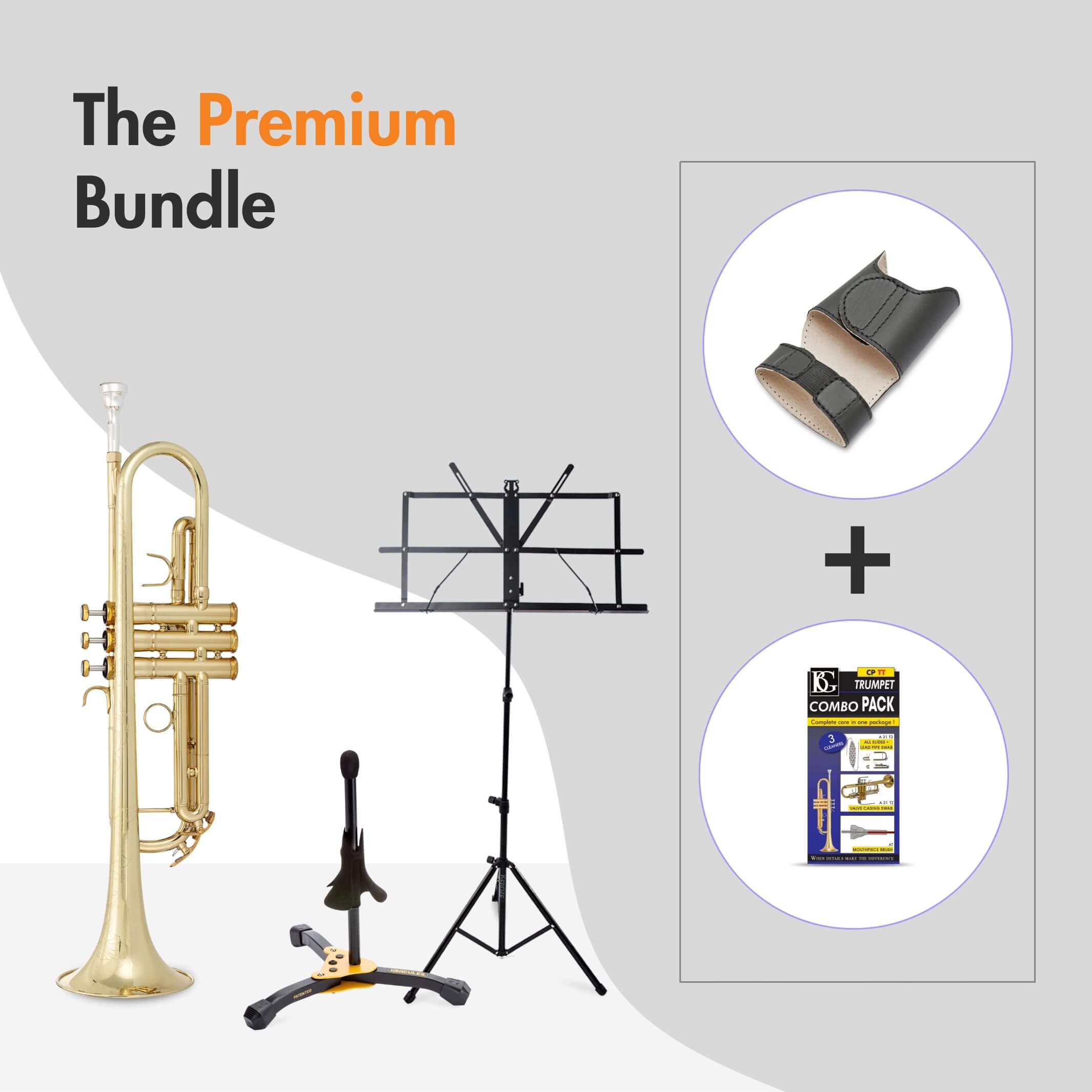 Trumpet, stand, music stand, mouthpiece, and cleaning kit in a premium bundle offer.