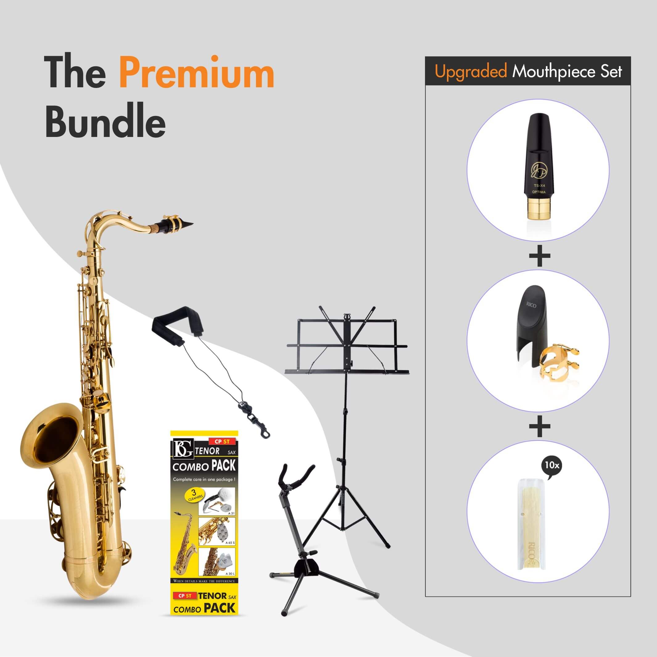 Trumpet, stand, music stand, mouthpiece, and cleaning kit in a premium bundle offer.