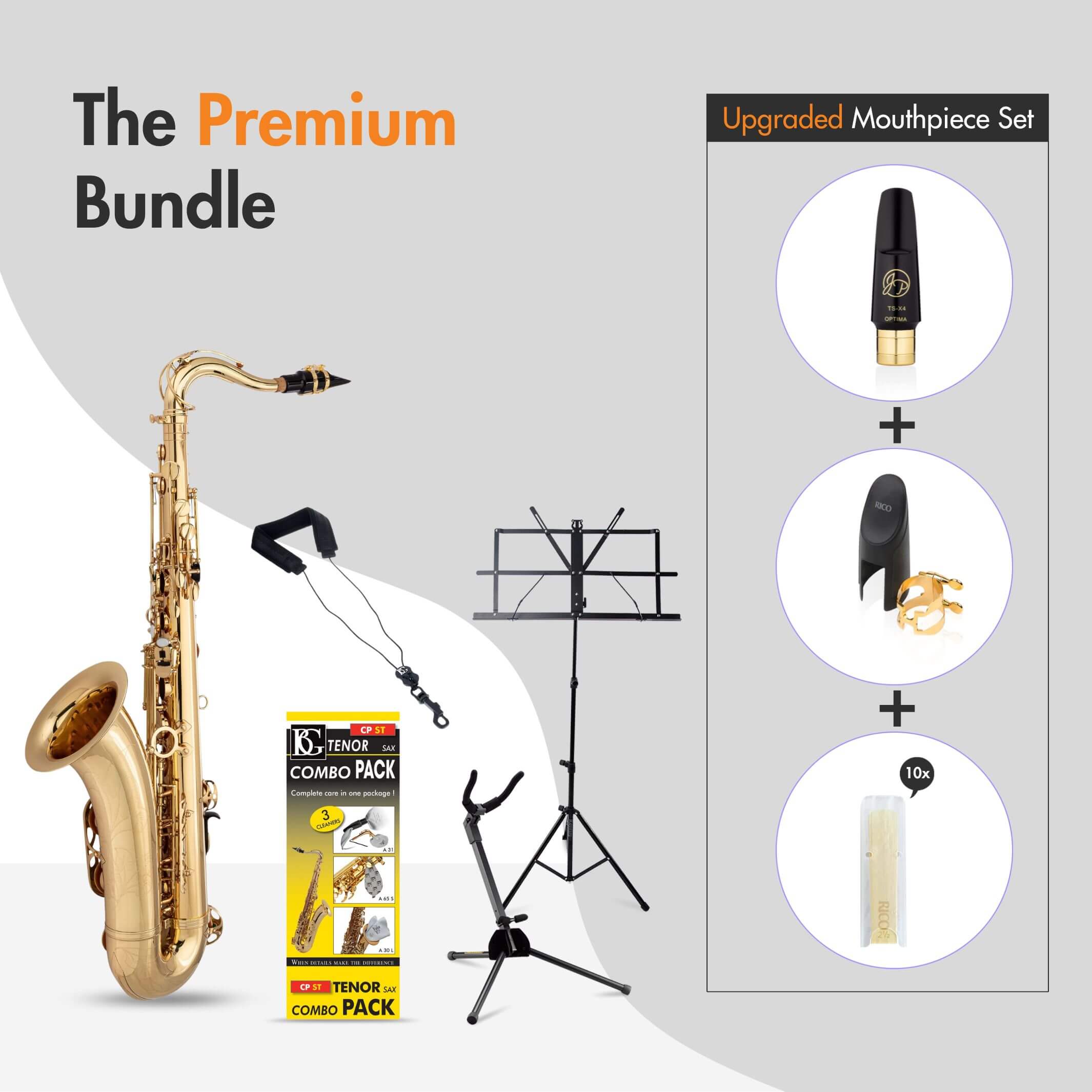 Trumpet, stand, music stand, mouthpiece, and cleaning kit in a premium bundle offer.