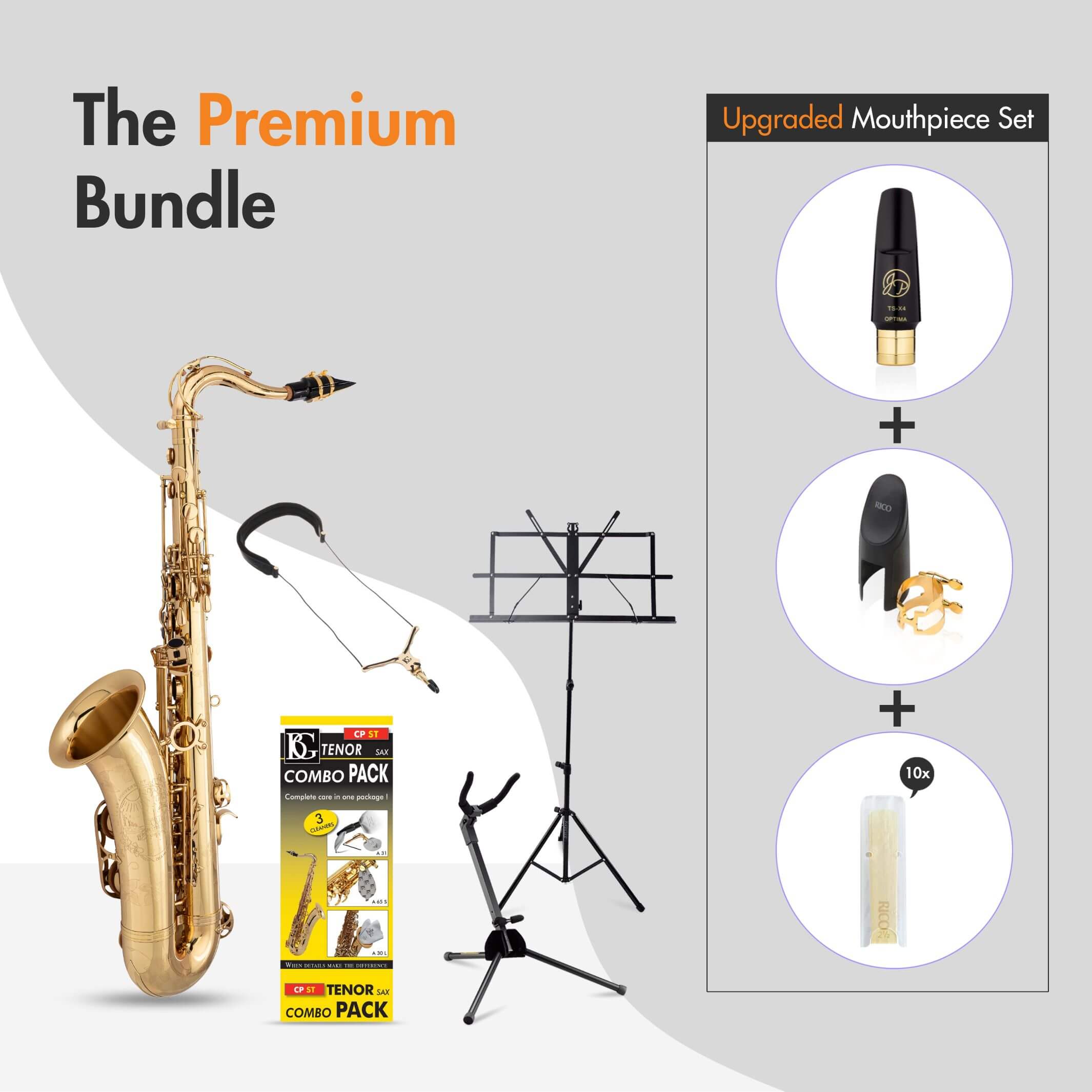 Trumpet, stand, music stand, mouthpiece, and cleaning kit in a premium bundle offer.